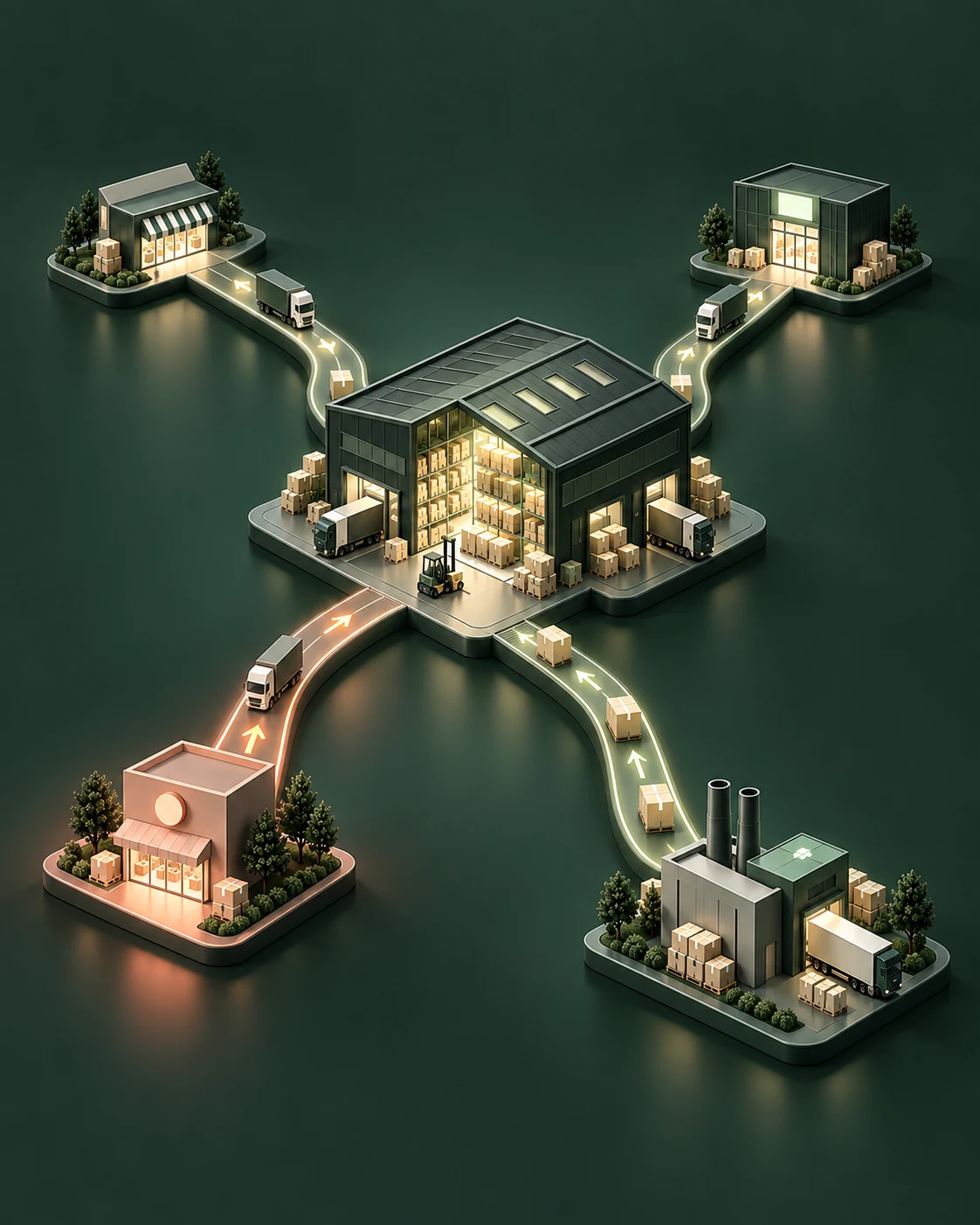 An isometric network: a central warehouse connected by delivery routes to four sales channels and a supplier factory. One channel glows amber where demand is ahead of its stock.