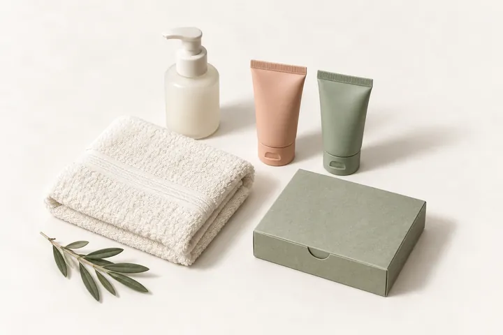 Skincare and towels arranged as a quick-commerce basket