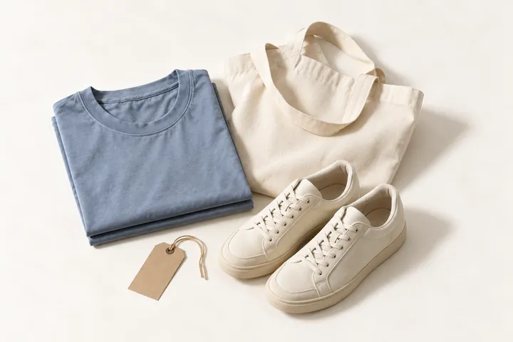 Folded apparel, a tote bag and trainers laid out for a core marketplace catalogue