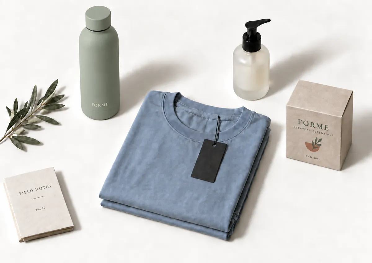A sage bottle, folded blue apparel, a skincare dispenser, a boxed product and a notebook laid out on a table.